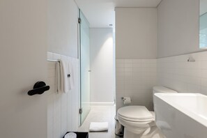 Ein modernes Badezimmer mit Duschkabine aus Glas, einer weißen Toilette und einer Badewanne.