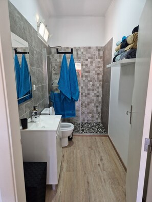 Dusche, Haartrockner, Handtücher, Toilettenpapier