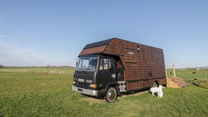 Een camper staat geparkeerd in een grasveld onder een heldere lucht.