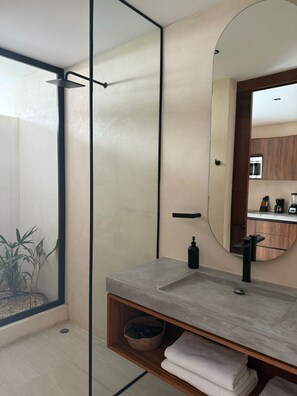 Shower, hair dryer, soap - Modern 1-bedroom studio in a luxury eco-chic residential community (Q.R.)