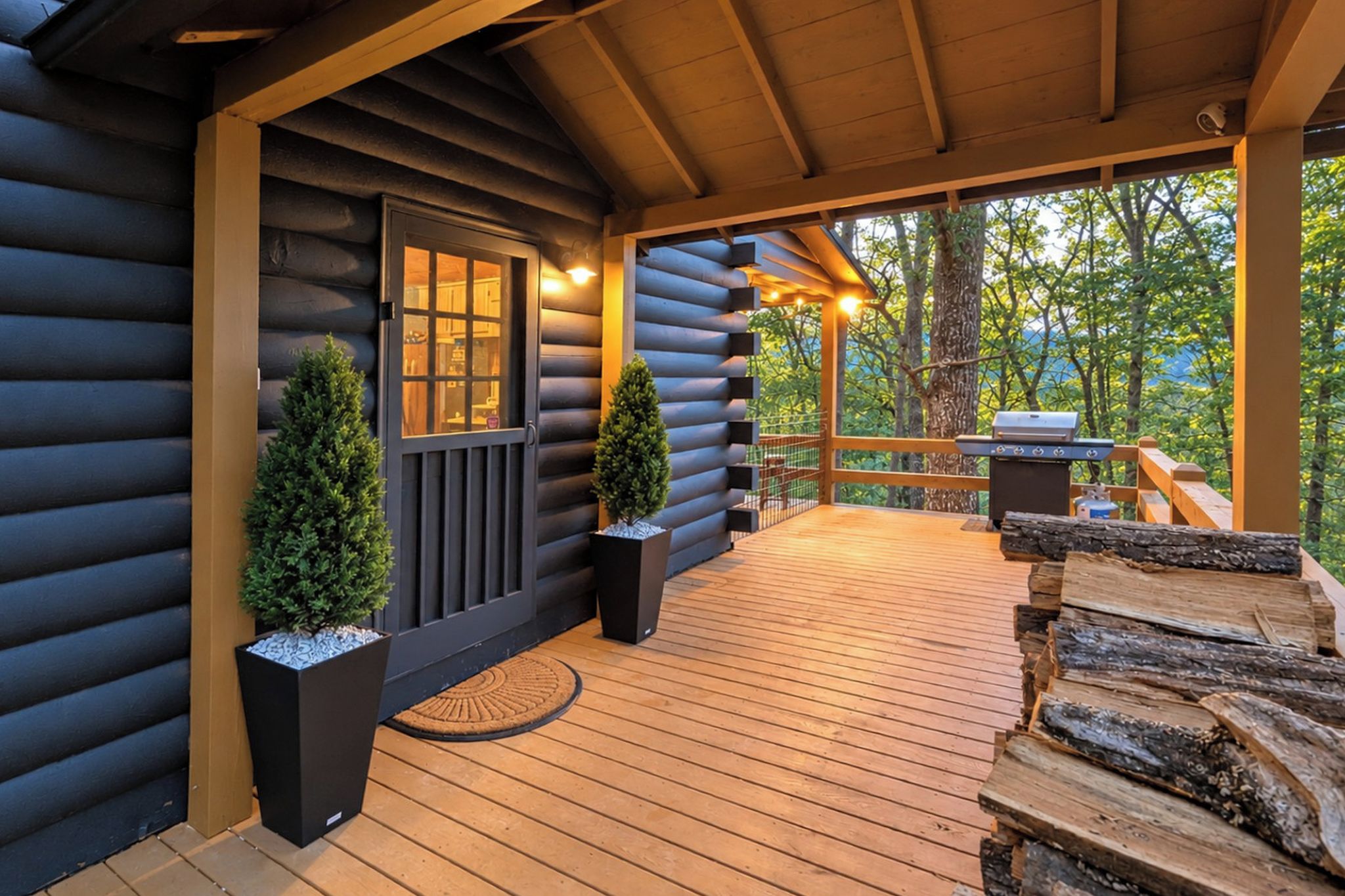A log cabin with a wooden deck, a door with glass panels, and two potted plants.
