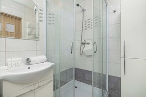 Douche, sèche-cheveux, serviettes fournies, shampoing