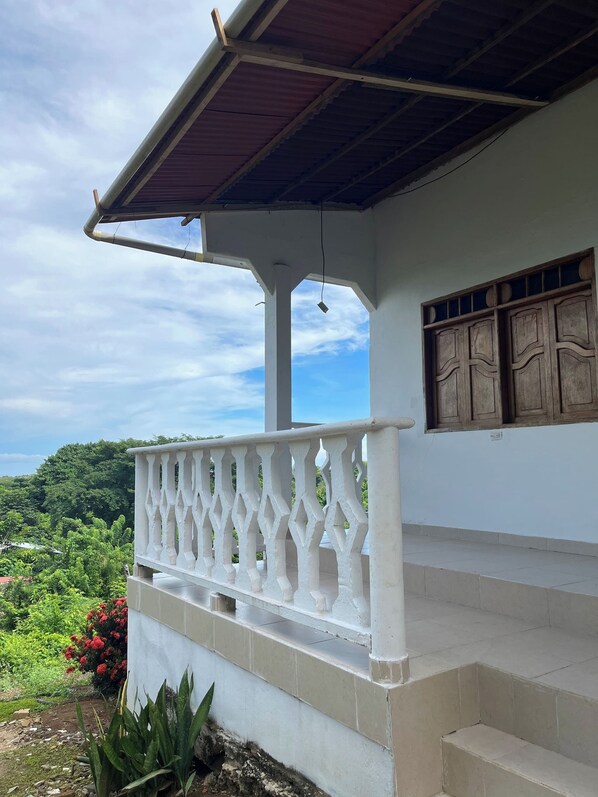 A white building with a balcony, a wooden window, and a view of greenery.
