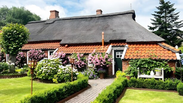 Una casa tradicional con techo de paja, paredes de ladrillo y un jardín bien cuidado con diversas plantas y flores.