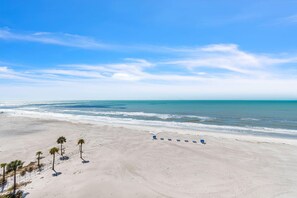 Ein Strand mit einer Umzäunung, Palmen und einer Reihe blauer Stühle entlang der Küste.