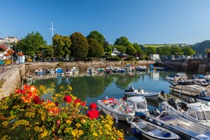 Un port de plaisance où sont amarrés des bateaux, entouré de verdure et de bâtiments.