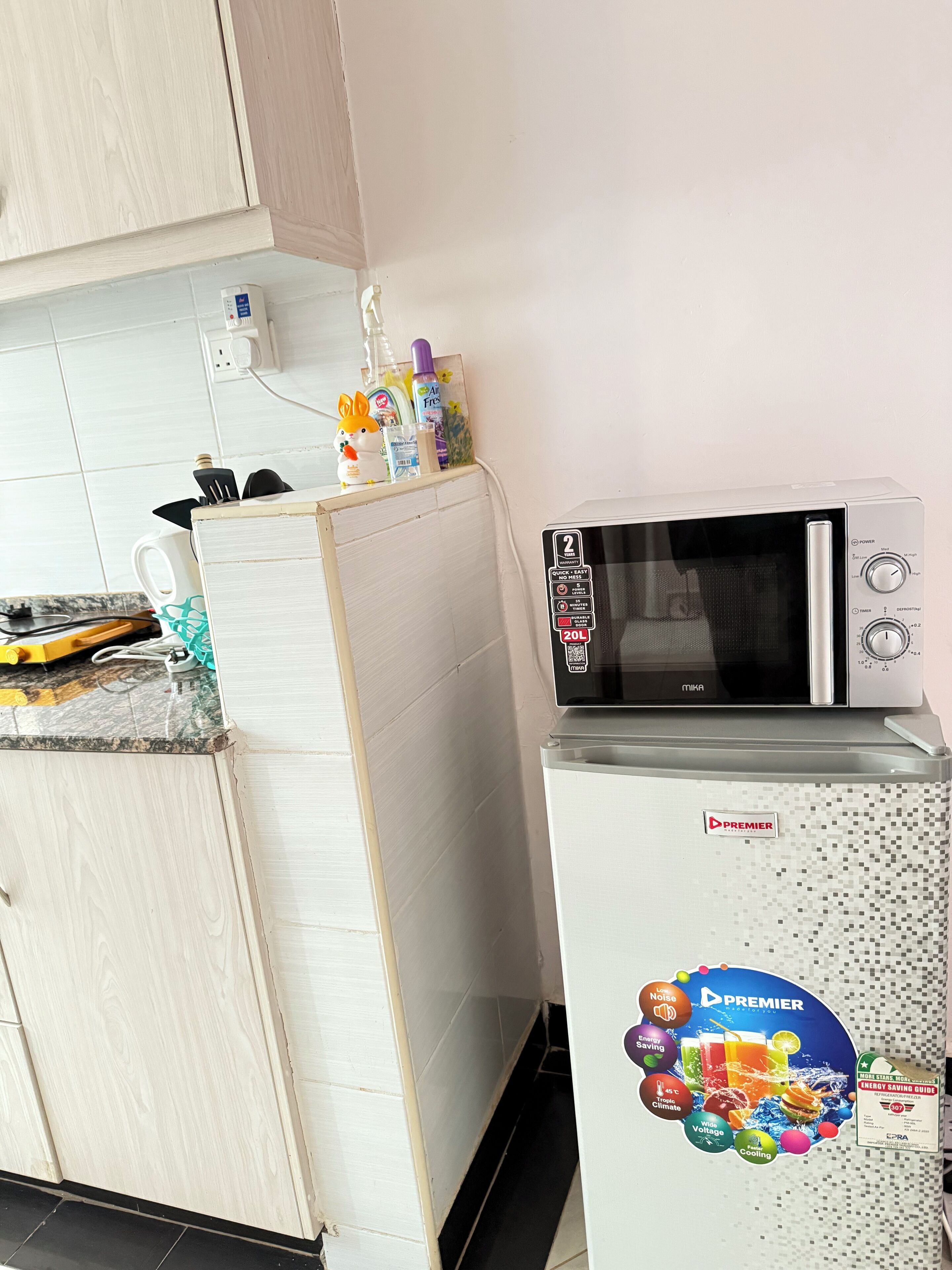 Fridge, microwave, stovetop, electric kettle