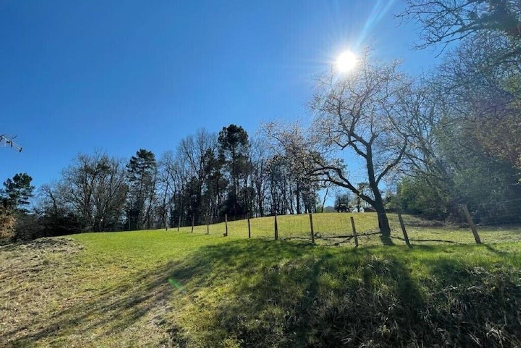 A grassy field with a fence, trees, and a clear sky.