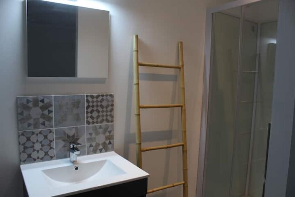 A bathroom with a white sink, a mirror, patterned tiles, and a bamboo ladder.