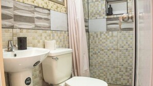 Un baño con inodoro, lavabo y zona de ducha.