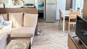 En kompakt opholdsstue med tekøkken, spiseplads og siddeområde med sofa og fjernsyn.