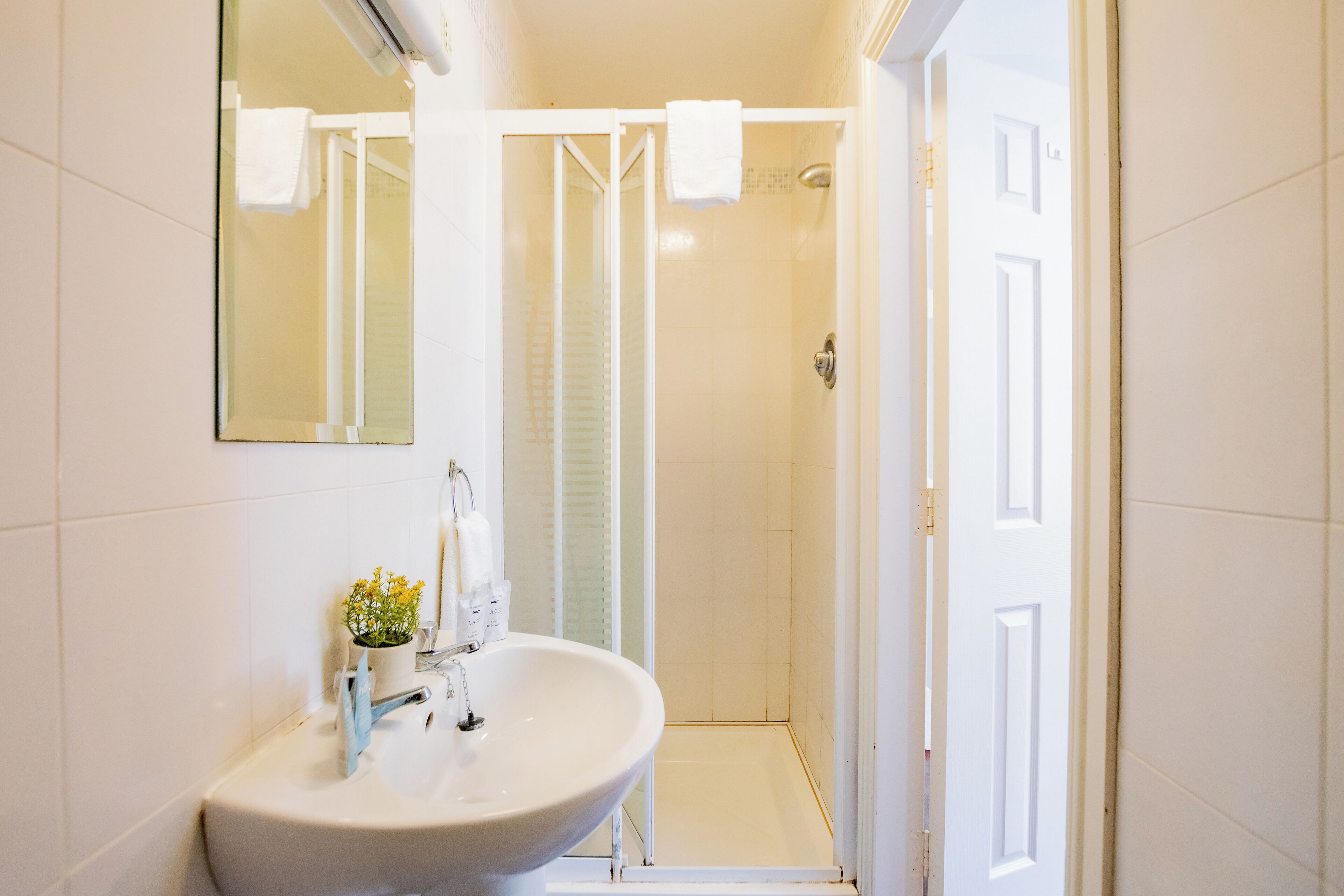 Shower, hair dryer, towels, soap