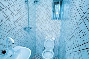 Regadera, toallas, jabón, papel de baño