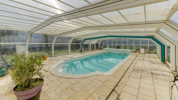 An indoor swimming pool with a glass ceiling, surrounded by a tiled floor, and a potted plant in the foreground.