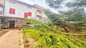 A residential area with a white building featuring red shutters, a paved walkway, and a garden with green plants and a fallen tree. - Casa Cu Obloane Rosii By Cochilia (Eforie Nord)