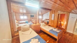 A cabin with two single beds, wooden walls, a television, and a small window. - Casa Cu Obloane Rosii By Cochilia (Eforie Nord)