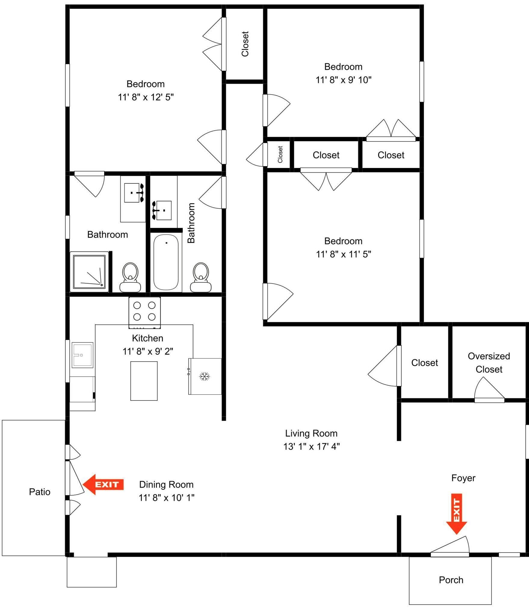 A floor plan with a living room, dining room, kitchen, two bedrooms, two bathrooms, a patio, and an exit.