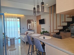 Panoramic Sea View Maisonette with Outdoor Hot Tub | Living area - The New Life Houses (Kissamos)
