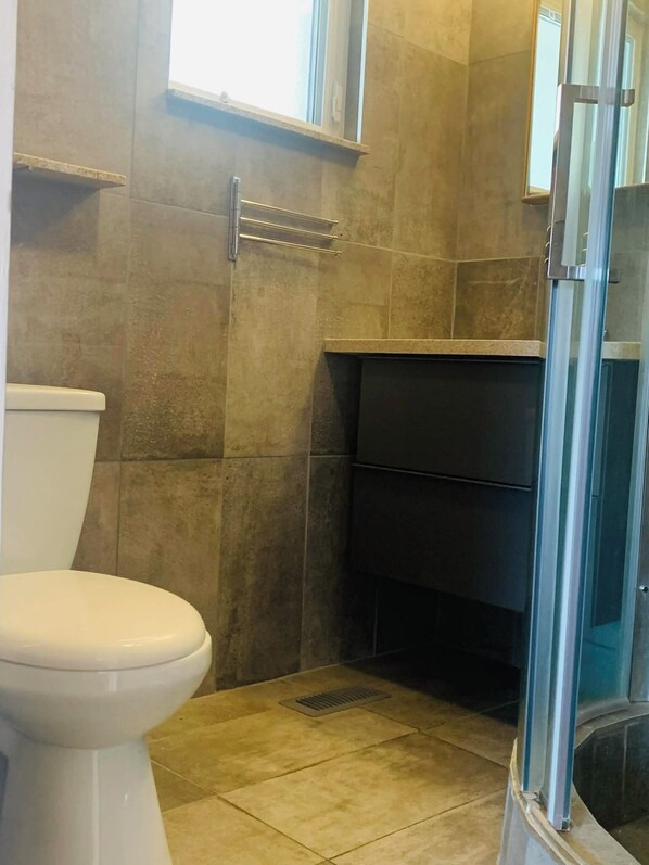 A bathroom with a toilet, a shower area with a glass door, and a shelf unit.