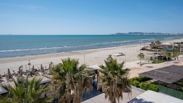Une vue sur la plage, avec un rivage sablonneux, des palmiers et le profil d’une ville lointaine à l’horizon.
