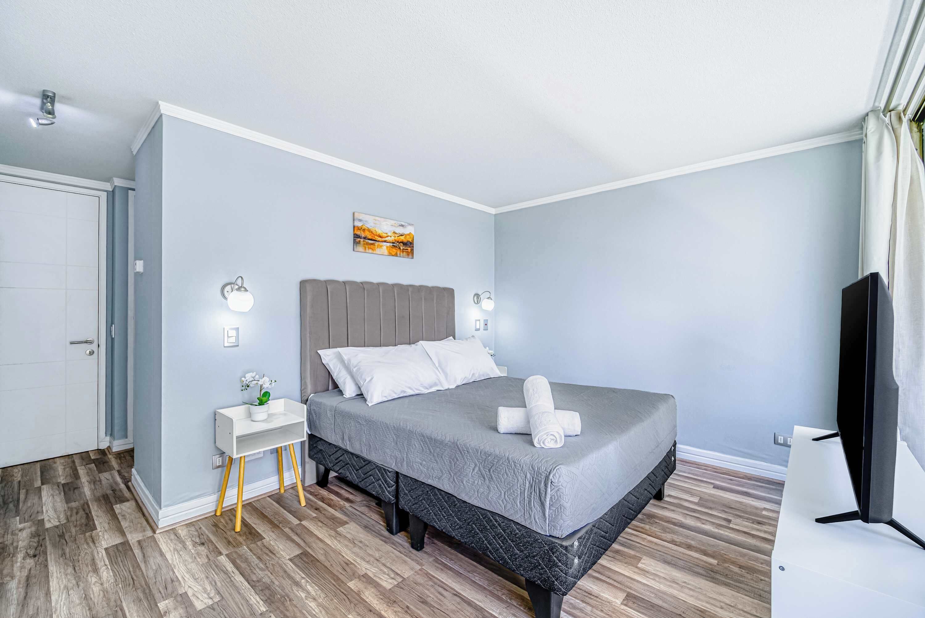 Un dormitorio con cama, mesitas de noche, televisión y un cuadro en la pared.