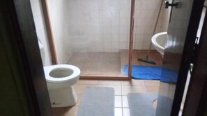 Habitación estándar con 2 camas individuales, patio, vistas al jardín | Baño | Ducha, toallas, jabón y papel higiénico