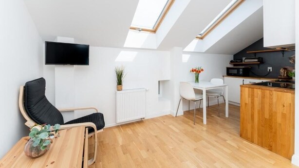 Un apartamento moderno con techo estilo loft, un televisor de pantalla plana montado en la pared, un comedor con mesa y sillas, una cocina con isla de madera y una planta en maceta sobre la mesa del comedor.