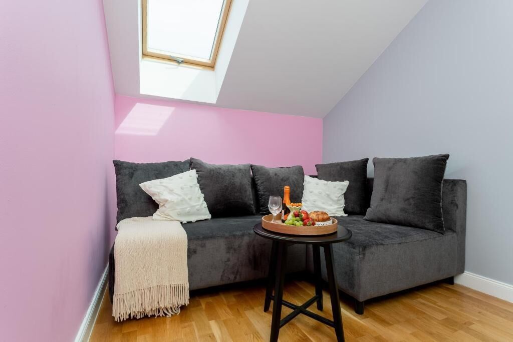 Een gezellige kamer met een donkergrijze bank, een klein rond tafeltje met een fruitschaal en een glas wijn, en een dakraam erboven.