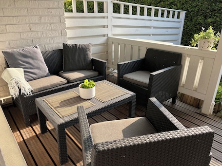 Terrace/patio. Gem of Vuosaari - private sauna, free parking, WiFi, walking distance from metro
