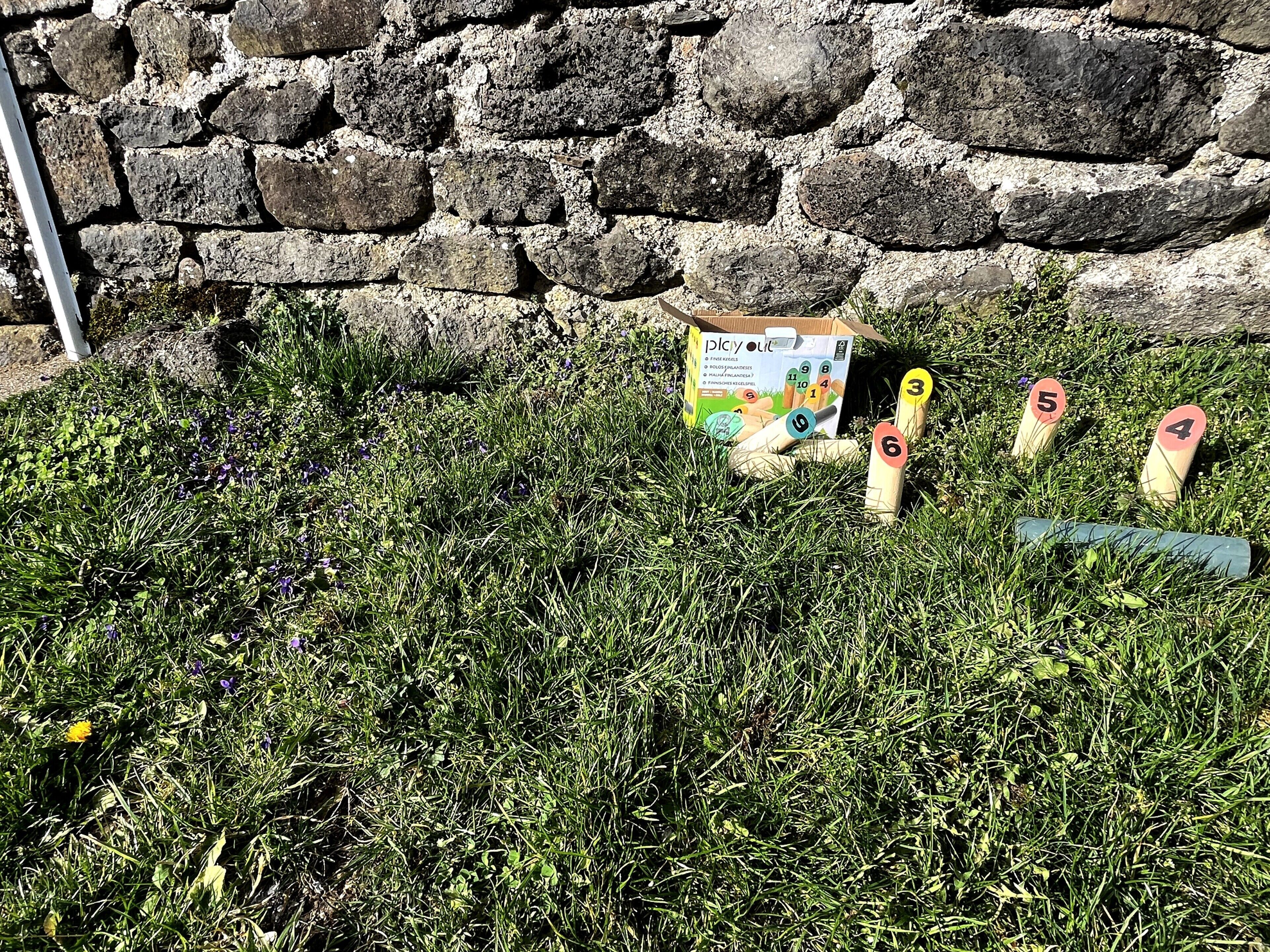 A stone wall, a grassy area, and a box labeled 'playful.'