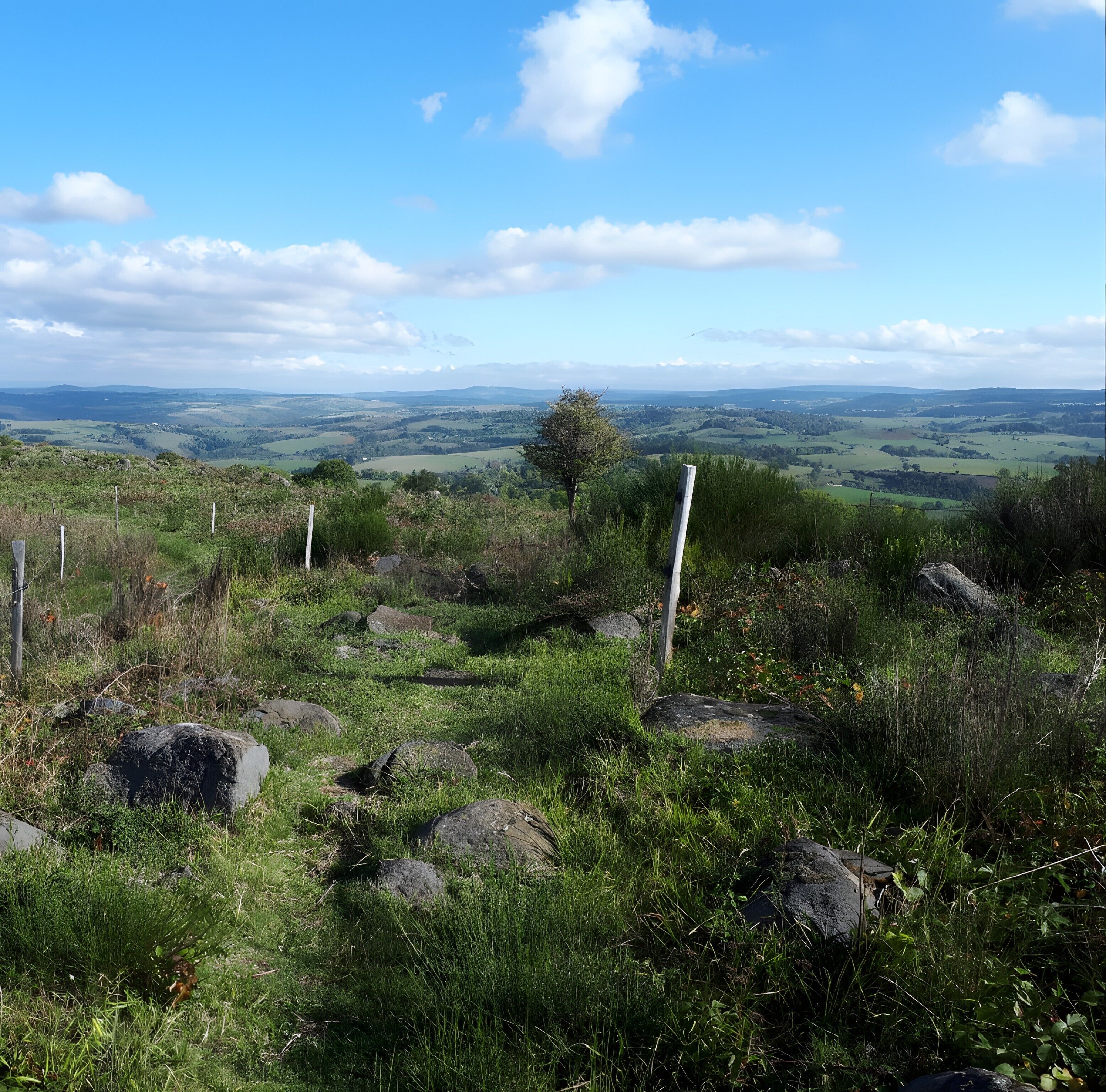 Un paisaje con césped, rocas y una valla.
