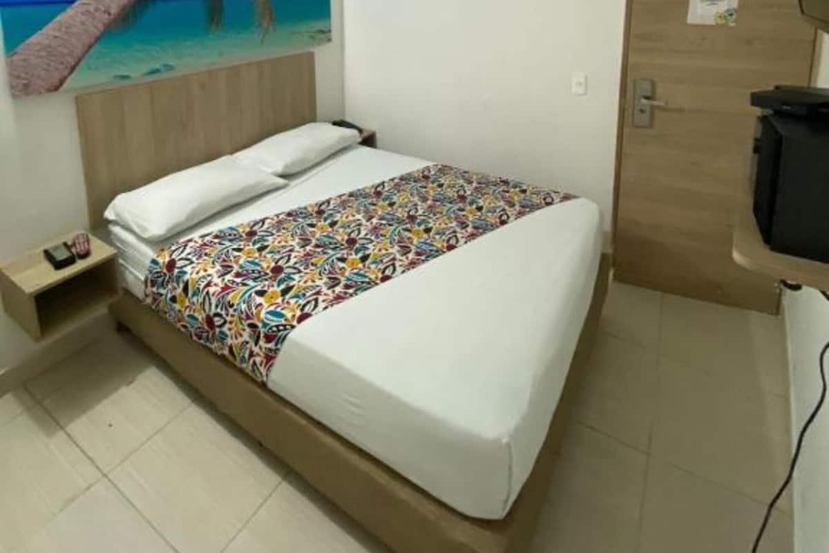 Een hotelkamer met een bed, een schilderij van een strand, een airconditioner, een televisie en een houten deur.