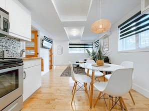 Fridge, stovetop, toaster, cookware/dishes/utensils