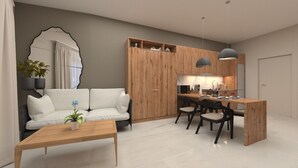 Moderni olohuone, jossa on sohva, sohvapöytä ja ruokailutila tuoleineen.
