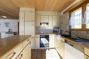 Helle Küche mit Backofen, Herd und Geschirrspüler