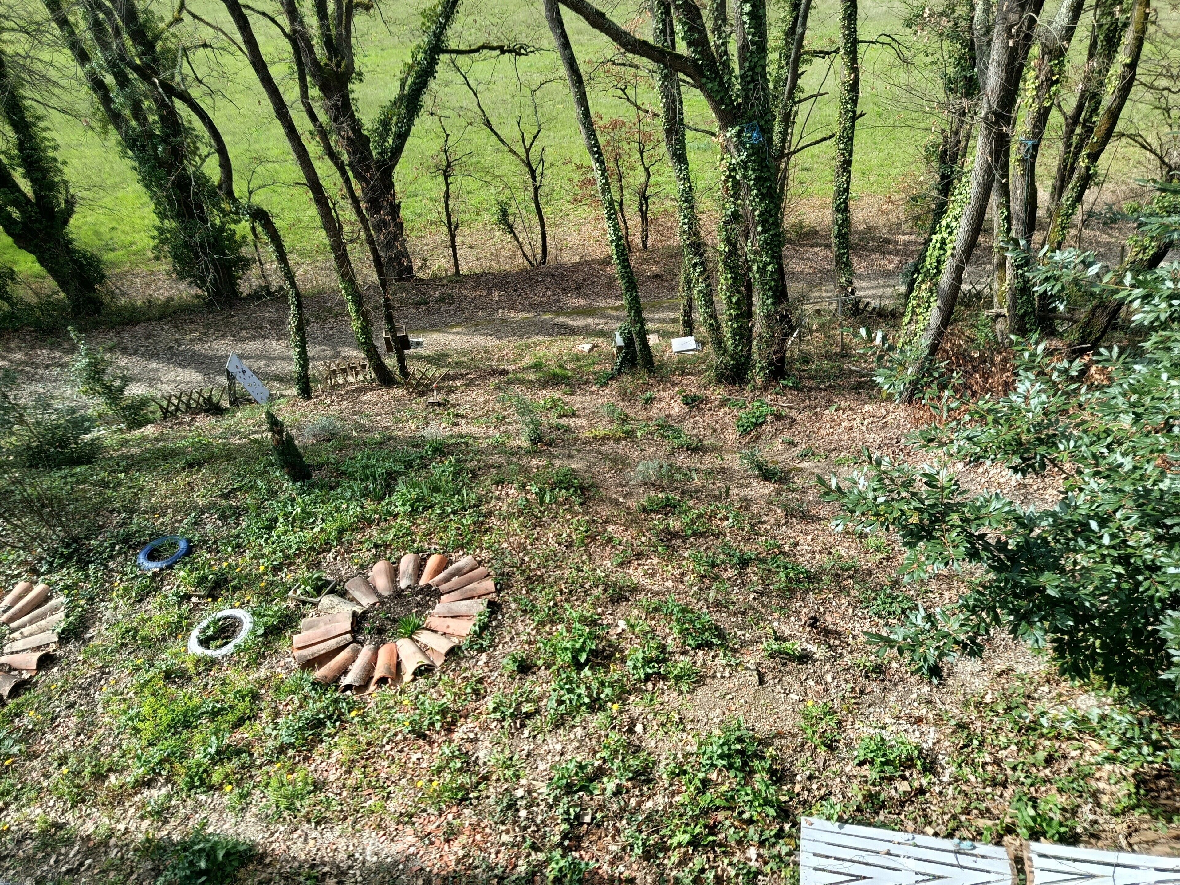 Ein Garten mit Bäumen, einer runden Steinarchitektur und einem weißen Schild.