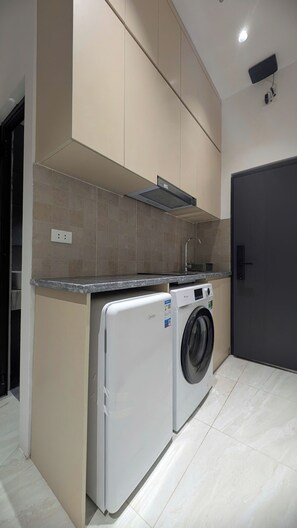 Une cuisine compacte équipée d’un lave-linge et d’un sèche-linge intégrés, d’un évier en acier inoxydable et d’une porte de couleur sombre.