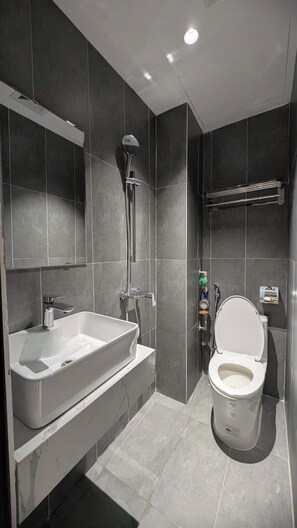 Une salle de bain moderne avec un grand lavabo, des toilettes et une douche.