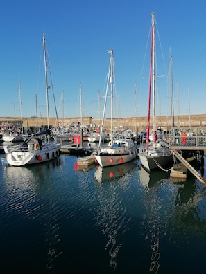 A marina with multiple sailboats docked at wooden piers.