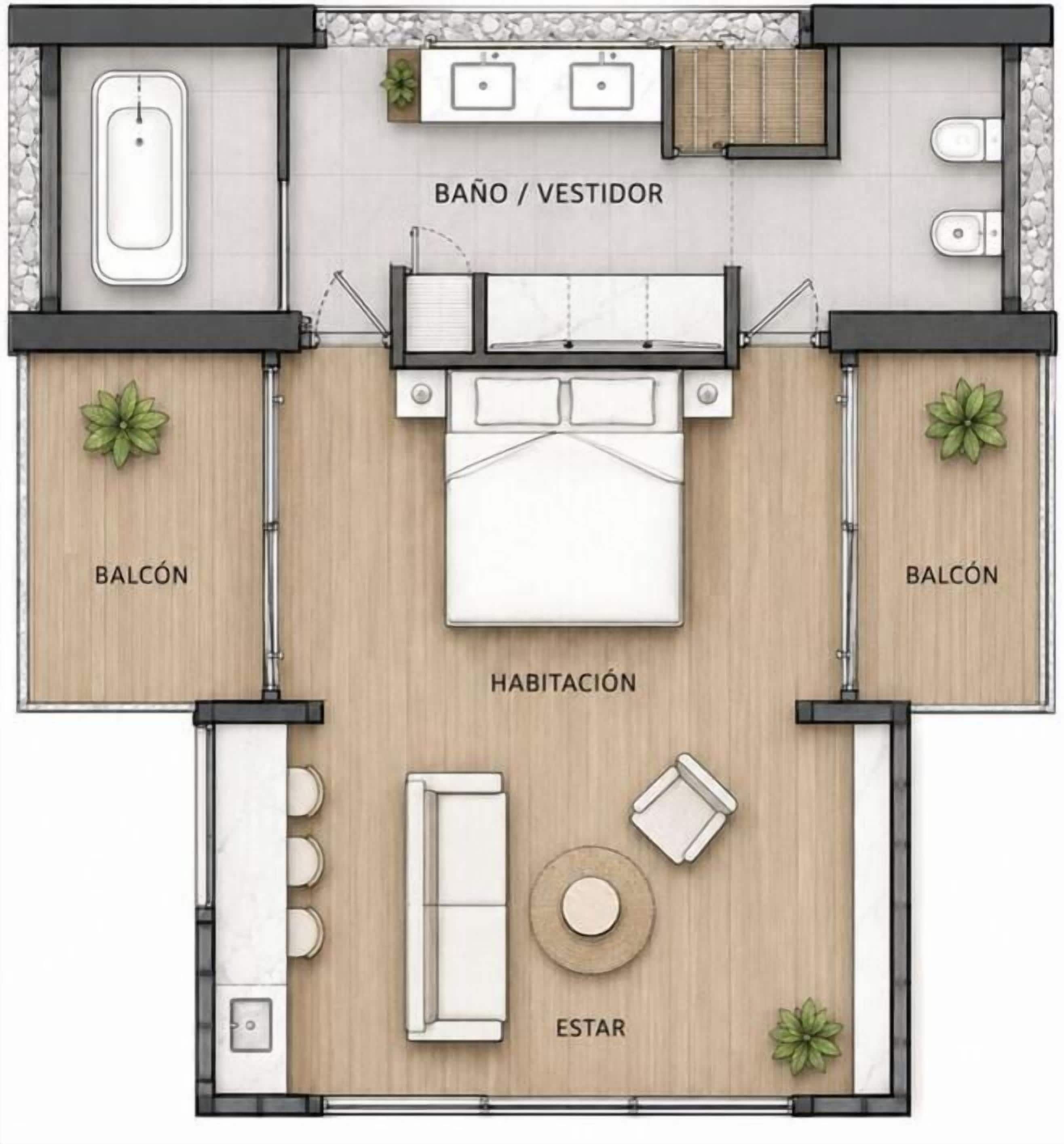 A hotel room layout with a balcony, ensuite bathroom, and a sitting area with a sofa and table.