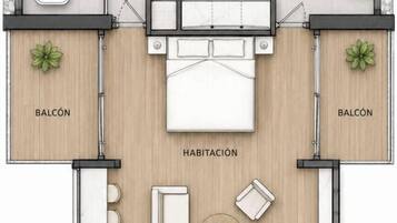 A hotel room layout with a balcony, ensuite bathroom, and a sitting area with a sofa and table.