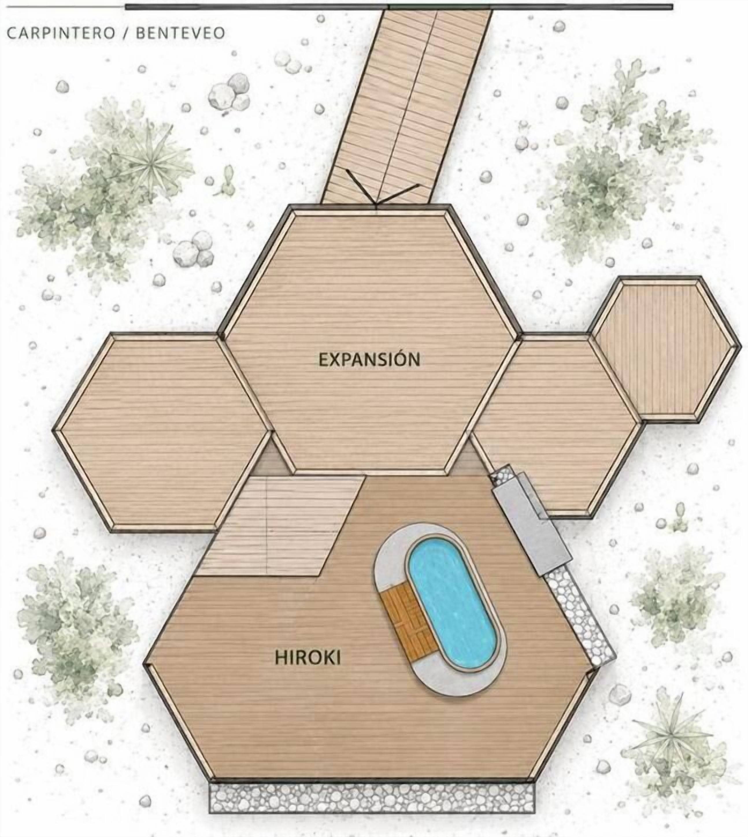 A floor plan of a property with a hexagonal expansion, a hiroki, and a pool area.