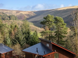 Een chalet met schuin dak, omgeven door een bebost dal.