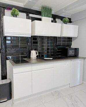 Frigorífico, microondas, placa de cocina y hervidor eléctrico