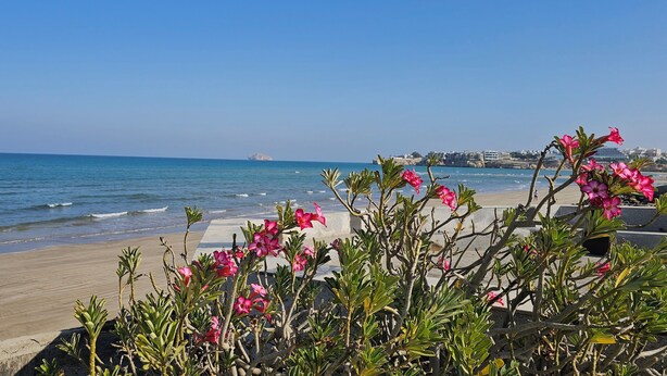 A beach with a clear view of the ocean and a distant island.