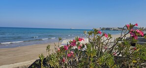 Een strand met een helder uitzicht op de oceaan en een eiland in de verte.