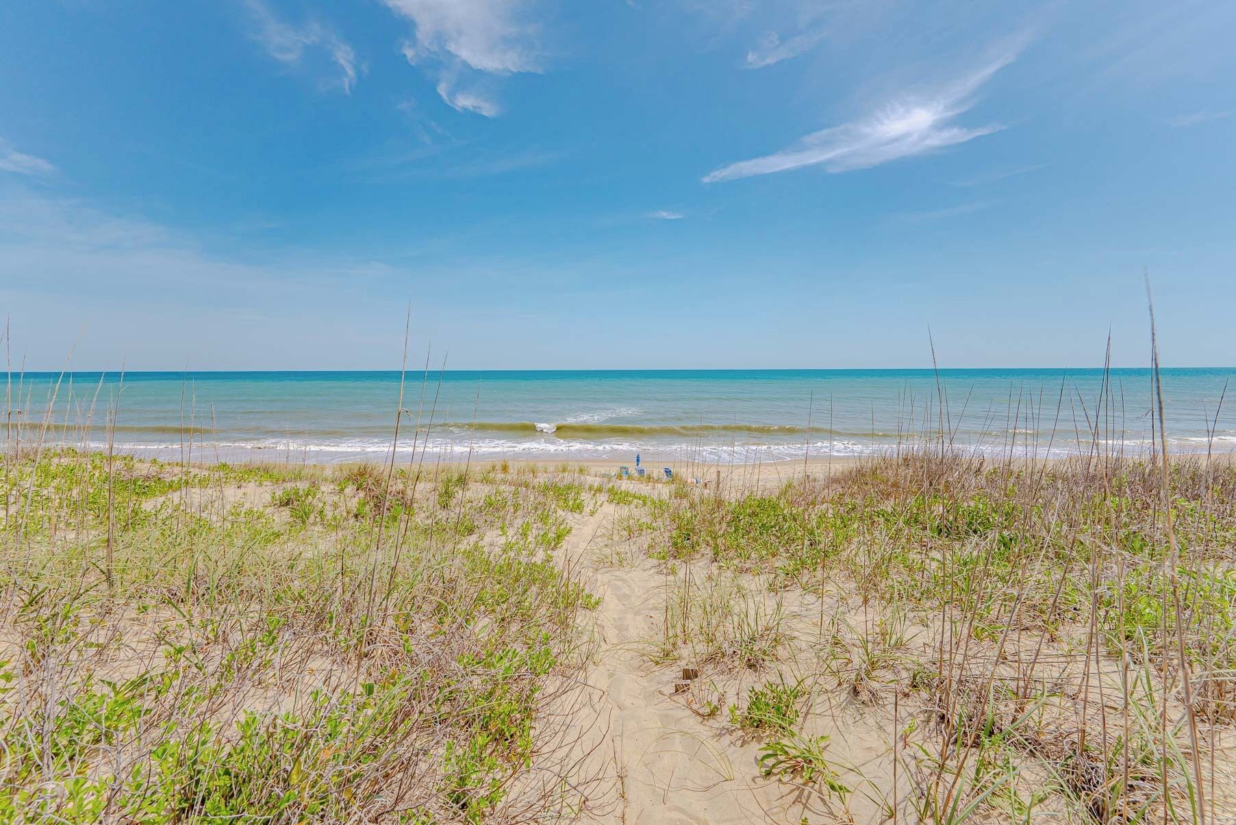 A beach path leading to the ocean with sparse vegetation.