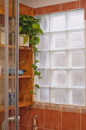 A bathroom with a shower, a window with frosted glass, and a potted plant. - House 2F|Super Location|5 minutues to Hoan Kiem lake|Take to the airport (Hà Nội)