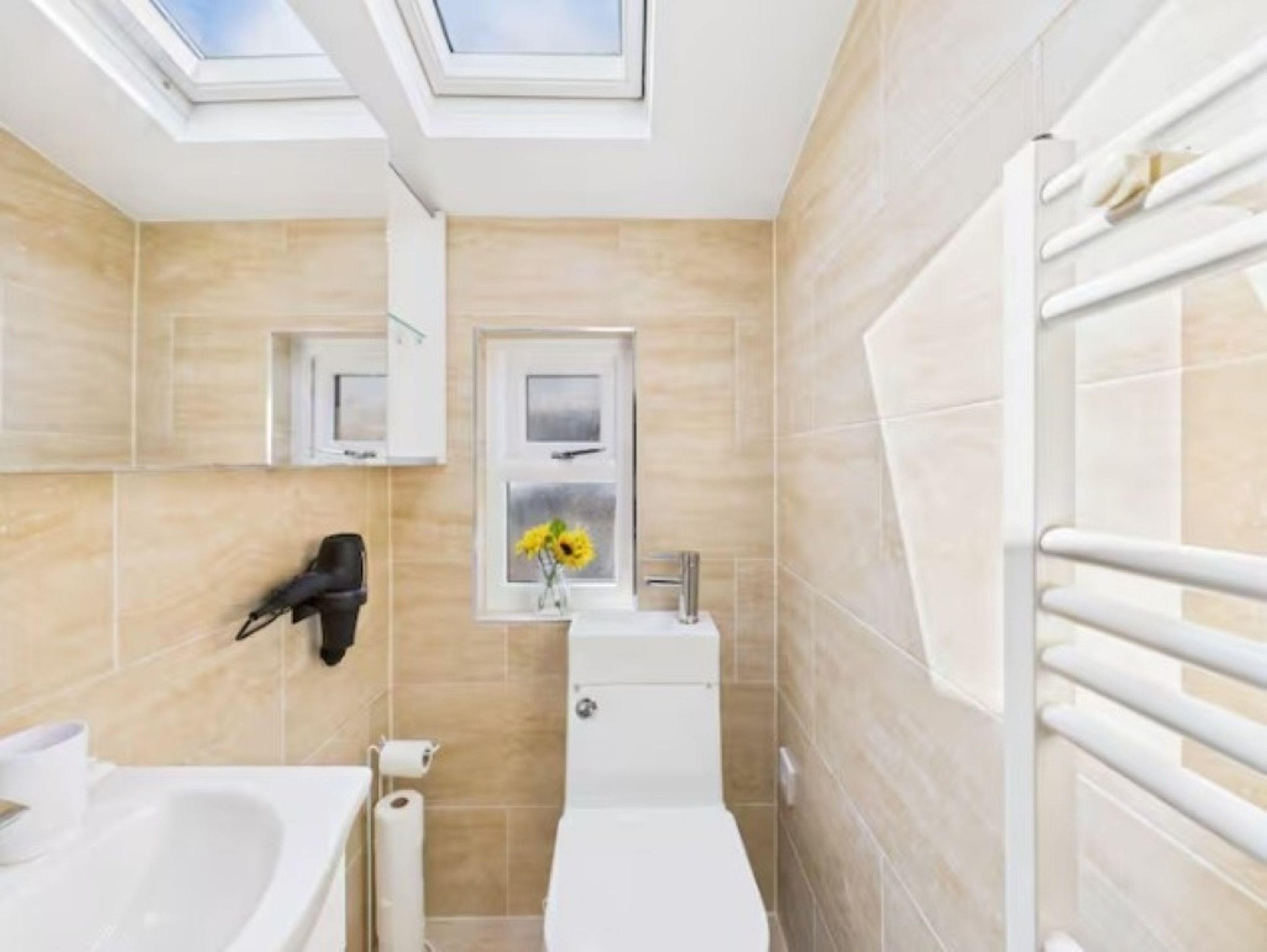 A modern bathroom with skylights, a toilet, a sink, and a towel rack.