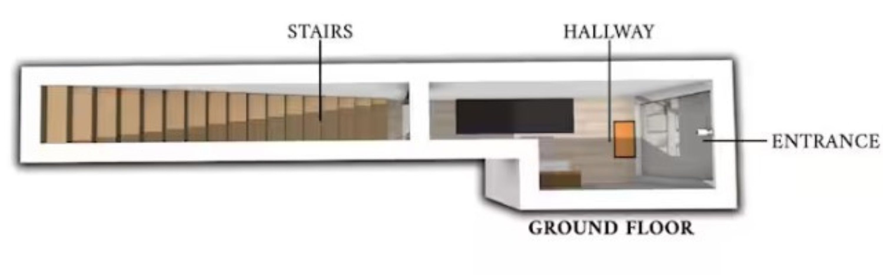 A floor plan with labeled areas: stairs, hallway, entrance, and ground floor.